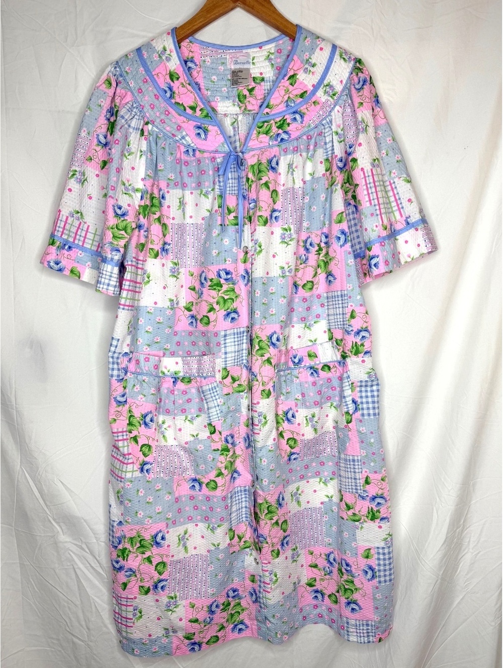 Vintage Bernette Housecoat 2X Quilted Bib Seersucker Snap Duster Floral